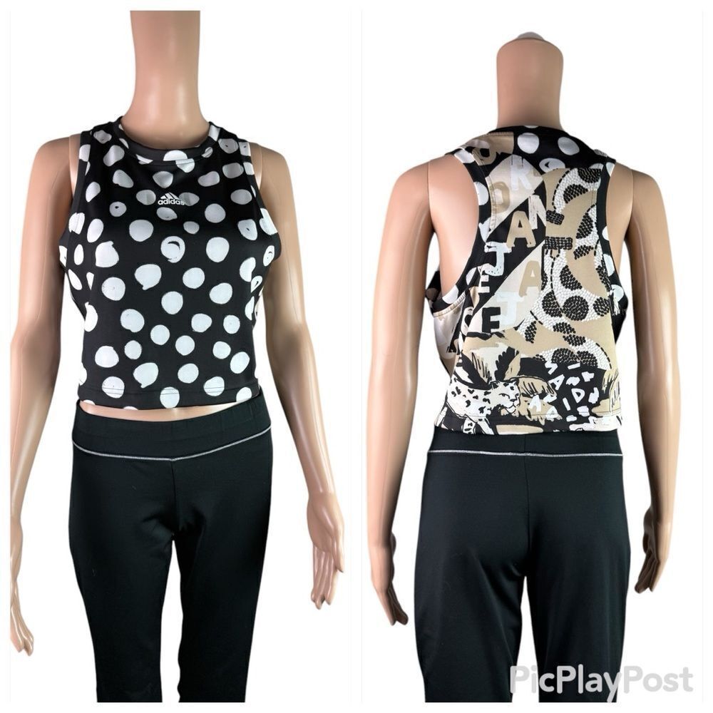Adidas Back & White Polka Dotted & Gold Animal Print Cropped Tank Top